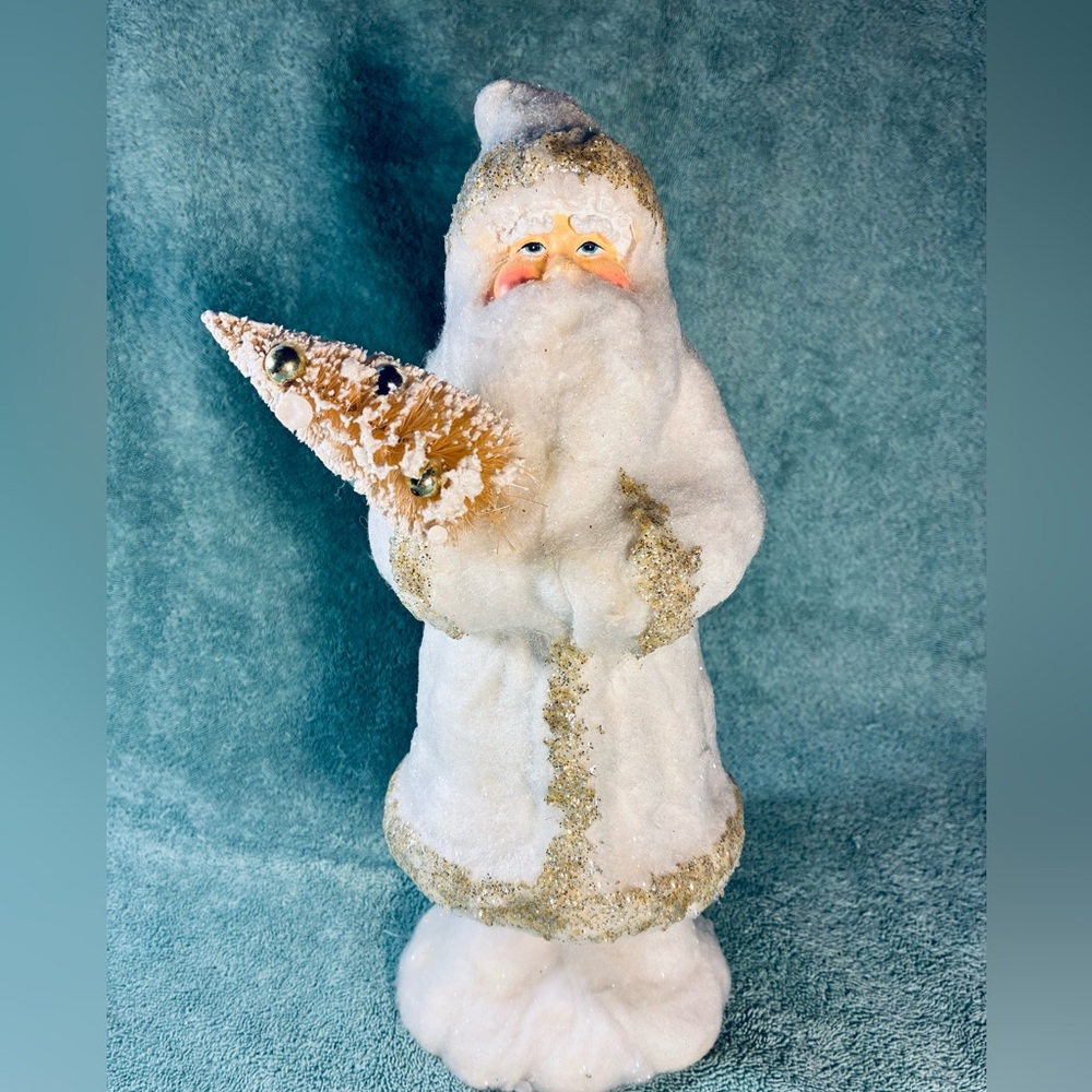 Vintage White and Gold 13” Santa Figurine